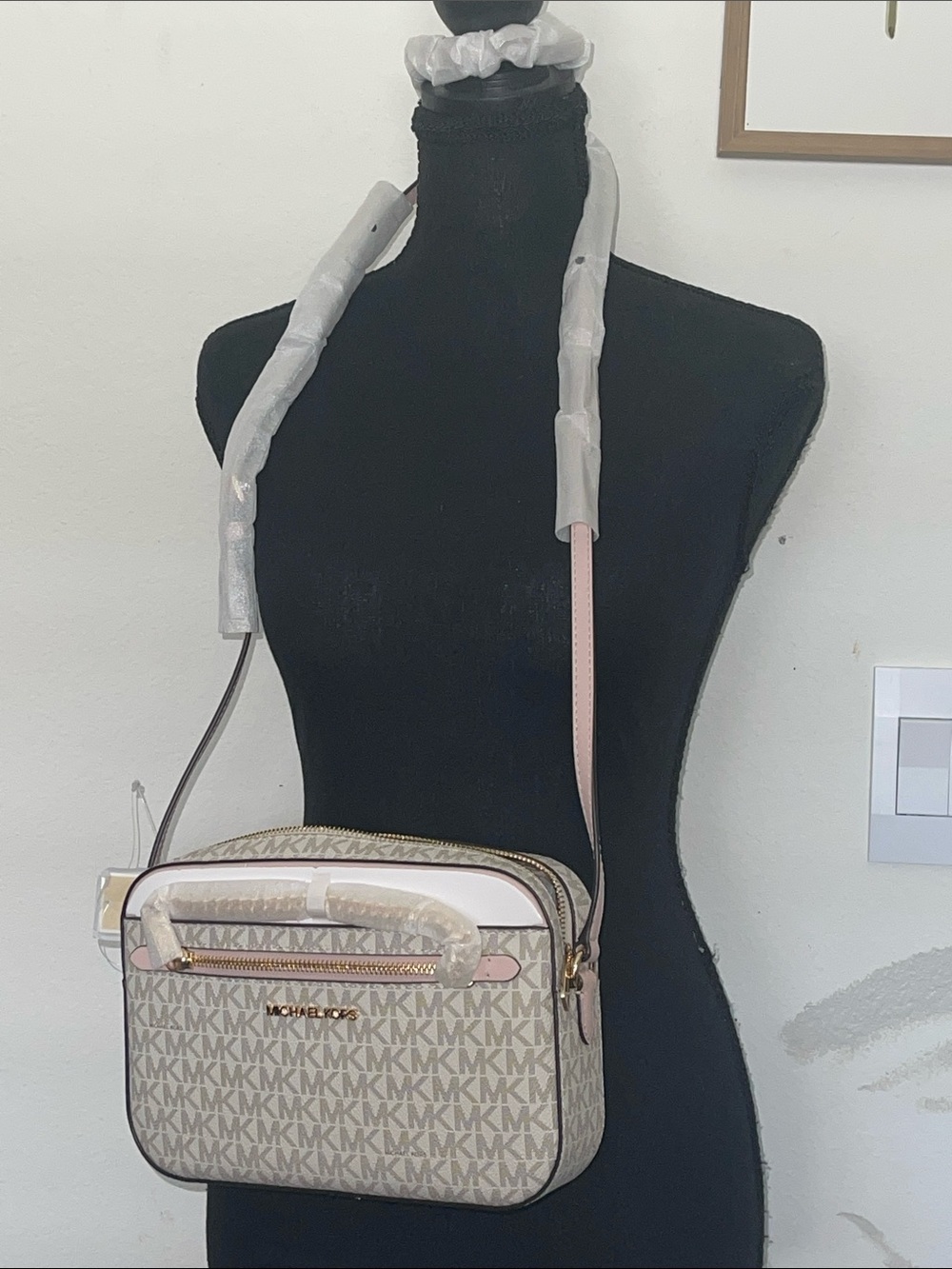 Michael Kors Beige and Pink Signature MK Crossbody Bag